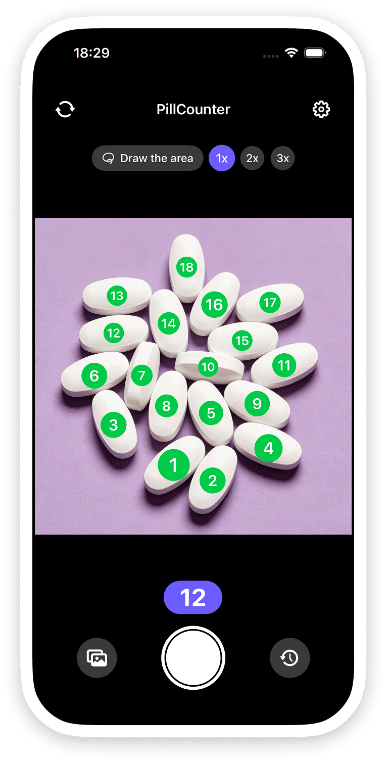 Pill Counter camera interface with numbered markers over tablets